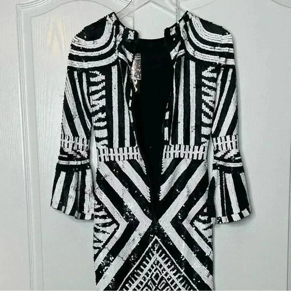 NWT Alice + Olivia Jae Sequin Fitted Cocktail Gown Dress Size 4 Black White - Picture 8 of 14